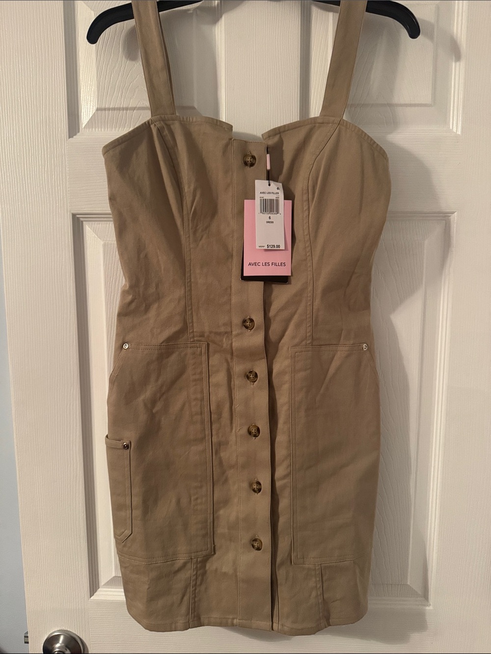 Avec Les Filles Tan Khaki Button-Front Utility Mini Dress
